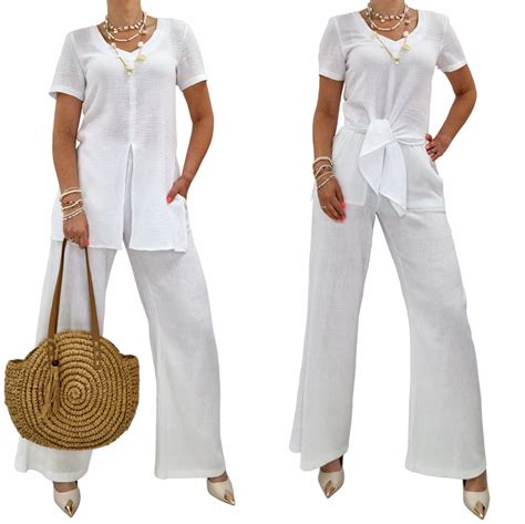 WYGODNY LETNI KOMPLET MUŚLIN BAWEŁNA SZEROKIE NOGAWKI WIDE LEG r.48 (36 ...
