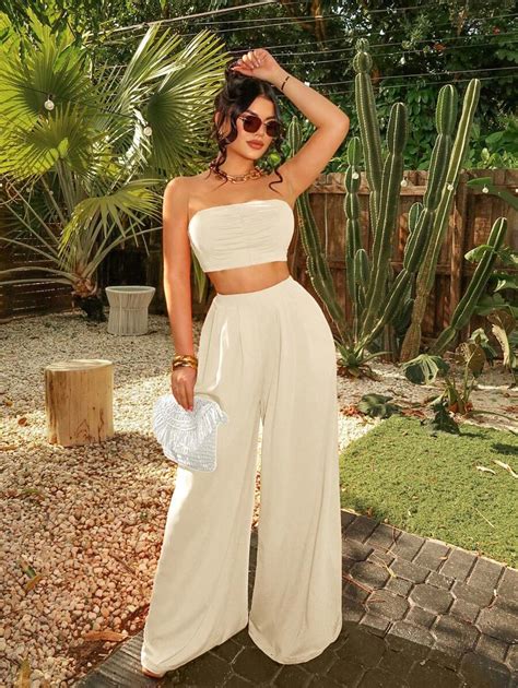 SHEIN SXY Women Fashionable Ruched Strapless Wide Leg Pants Set Summer ...