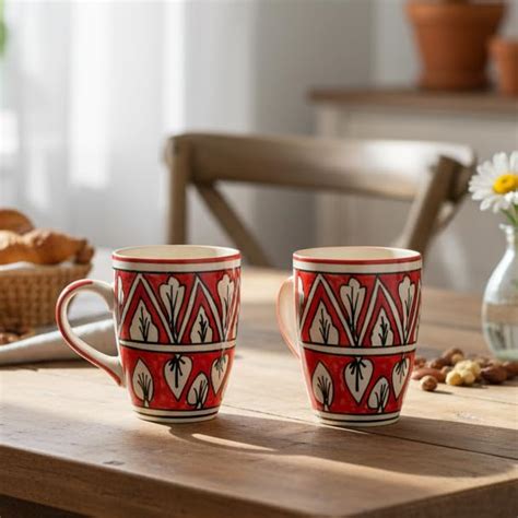 Buy EARTH HUES Large Ceramic Coffee Mugs with Red Floral Hand Painted ...