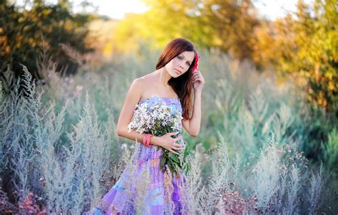 Wallpaper NATURE, DRESS, FLOWERS, BROWN hair, TREES, SHRUBS, BOUQUET ...