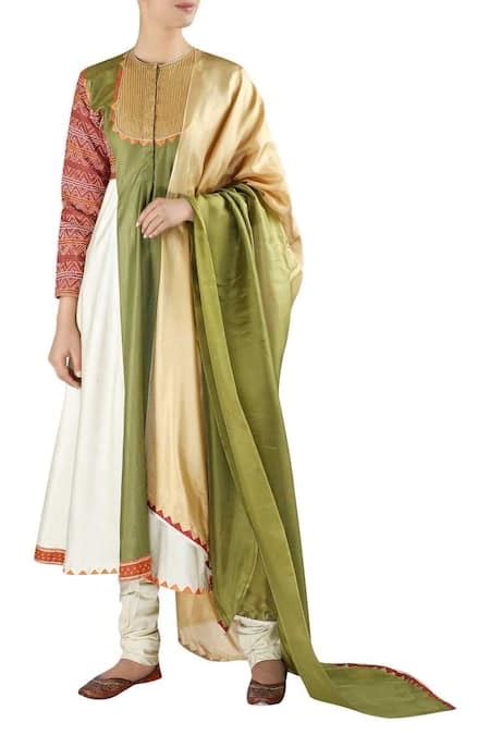 Buy White Silk Thread Work Round Neck Panel Embroidered Anarkali Set ...