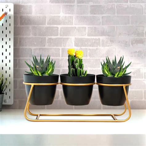 Casa De Amor Stylish Trio Tabletop Metal Planters Set with Designer Po