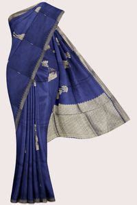 Munga Tussar Silk Animal Design Zari Butti Dark Navy Blue Saree