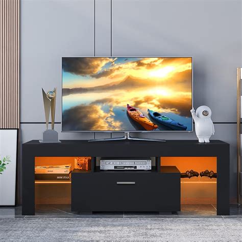 Buy Modern Black TV Stand Cabinet with RGB LED Lights, 16 Colors LED TV ...