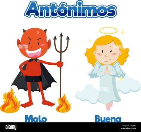 Illustrated word card featuring antonyms in Spanish means bad and good ...