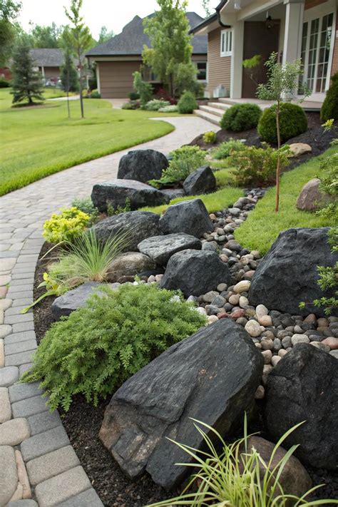 19+ Stunning Front Yard Black Landscape Rock Ideas