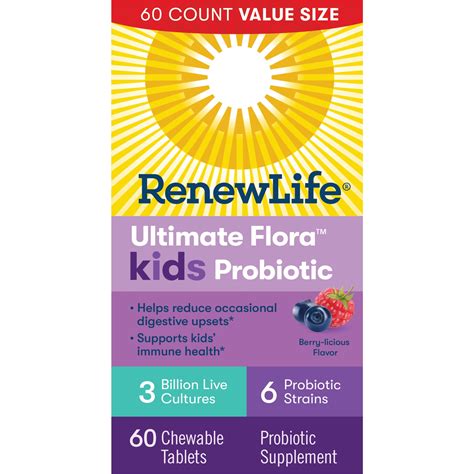 Renew Life Ultimate Flora Kids Probiotic, Berry, 3 Bn CFU, 60 Chewable ...