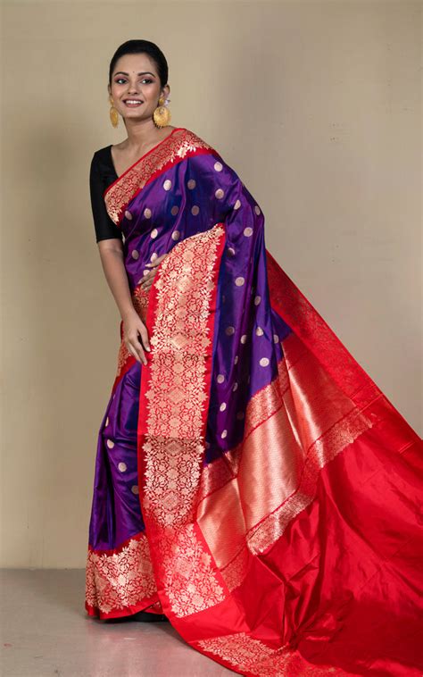 Woven Jacket Nakshi Border Pure Katan Banarasi Silk Saree in Purple, R ...