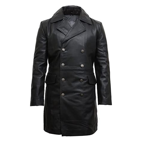 Men's Black German Naval Pea Leather Trench Coat- The Leather Art