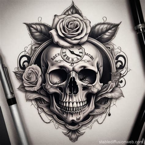 Skull with Rose and Hourglass Tattoo | Stable Diffusion Online