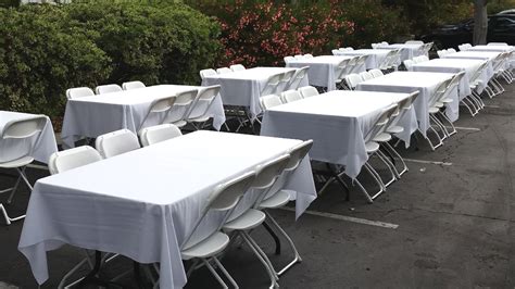 6 ft Tables & White Chairs for Rent | Chairs for rent, Tablecloth ...