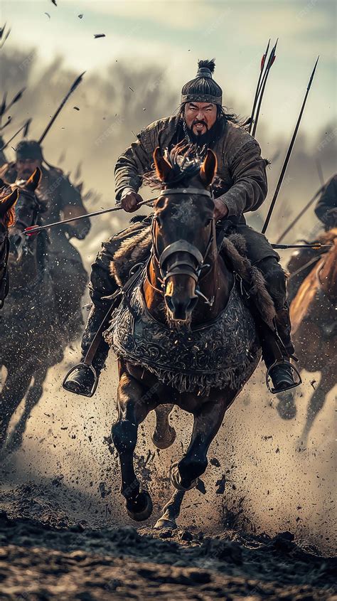 Genghis Khan leading charge in battle riding powerful horse with arrows ...