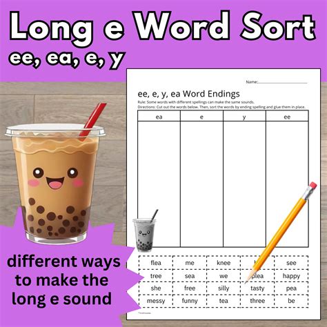 Phonics Worksheet Long E Sound e, ee, y, ea Vowel Team Word Sort ...