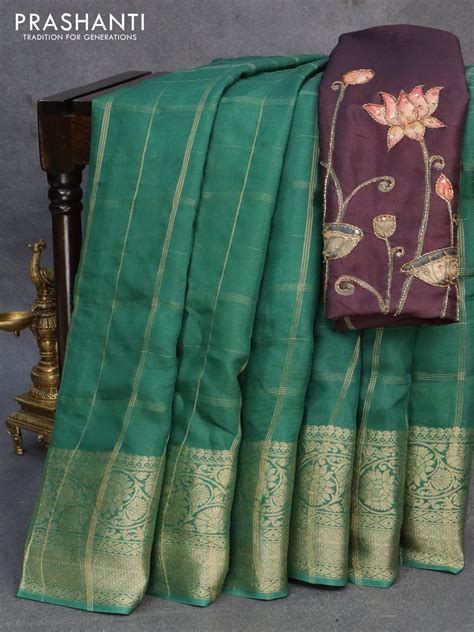Dola silk saree green and deep jamun shade with allover zari checked p ...