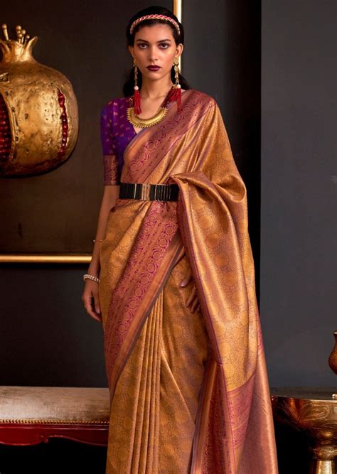 Pure Handloom Golden Kanjivaram Silk Saree With Contrast Blouse Online ...