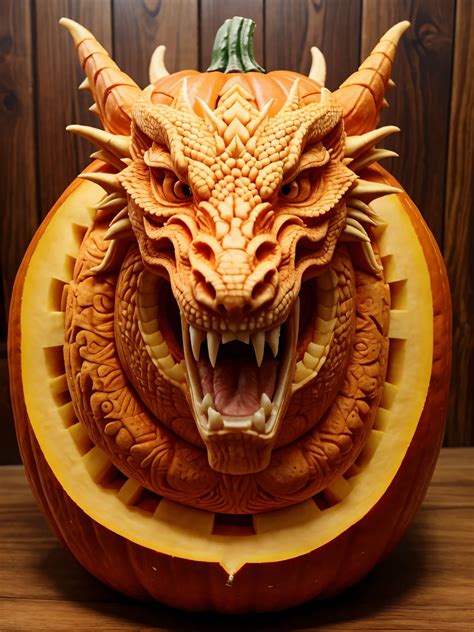 A close up of a carved pumpkin with a dragon head - SeaArt AI
