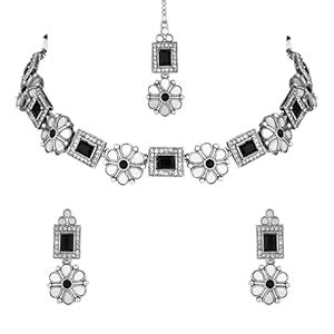 Buy I Jewels Silver Oxidised Square Shaped Floral Design Choker ...