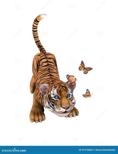 Cute Tiger Cub Playing with Butterflies. Stock Illustration ...