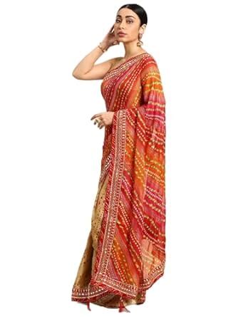 Pandadi Saree Silk Women's Beige Bandhani Saree With Delicate Lace ...