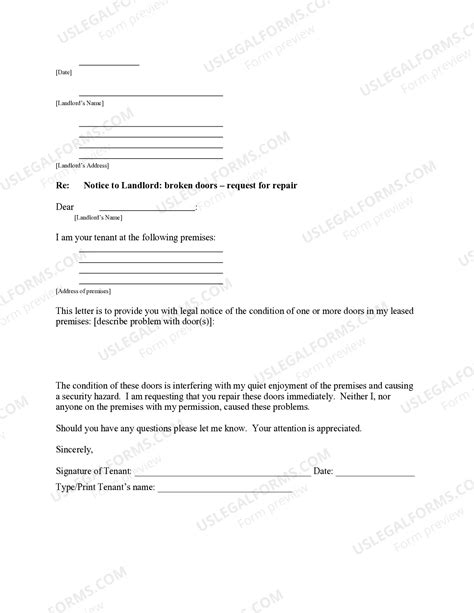 Texas Letter from Tenant to Landlord containing Notice that doors are ...