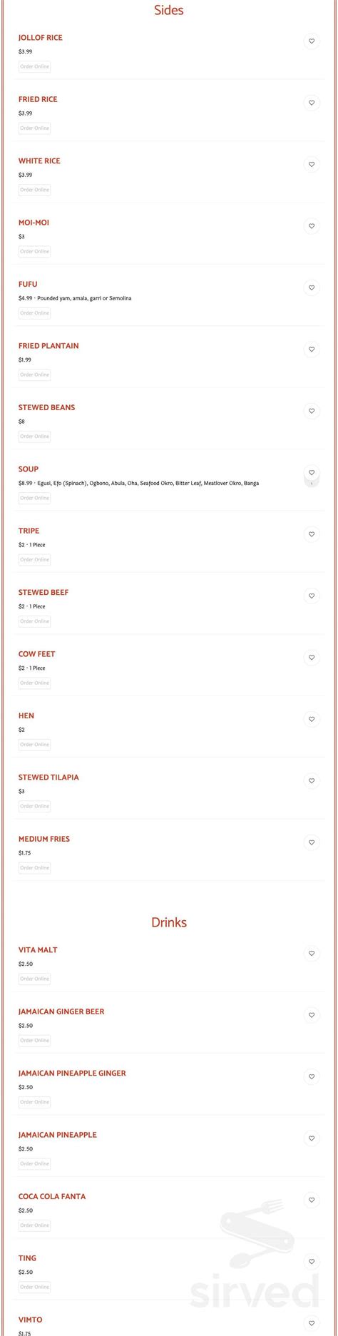 Samoha African Cuisine menu in Charlotte, North Carolina, USA