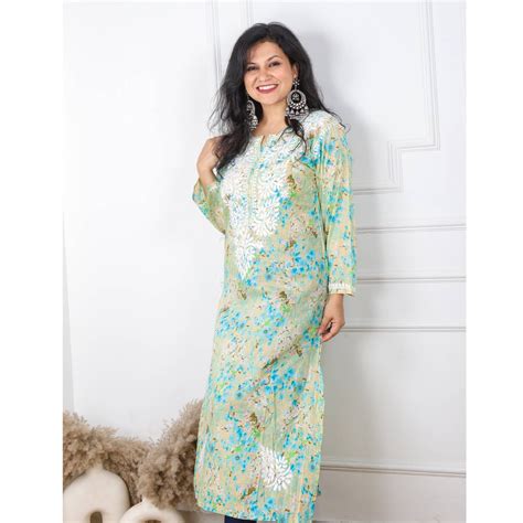 Mint Green Floral Printed Cotton Chikankari Kurti – Desisandook ...