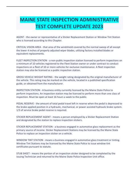 MAINE MOTOR VEHICLE INSPECTION COMPLETE COMBINED EXAM QUESTIONS AND ...