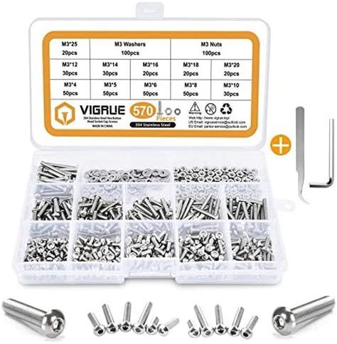 VIGRUE 570PCS Stainless Steel M3 Button Head Hex Socket Cap Screw Bolts ...