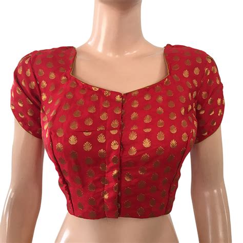 Satin Silk Pot neck Blouse with Tulip cut, Golden Butta & Lining, Red ...
