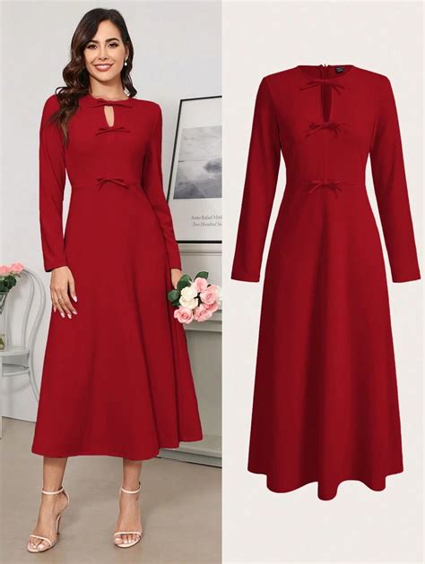 Ellevyn Women's Elegant Bowknot Accent Long Sleeve A-Line Dress, Nude ...