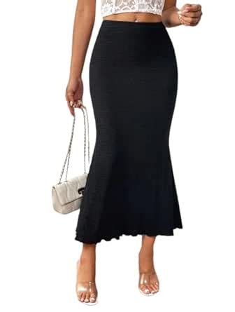 Buy JINJIN FASHION Women's Ribbed Knit Midi Skirt, High Waist, Ruffle ...
