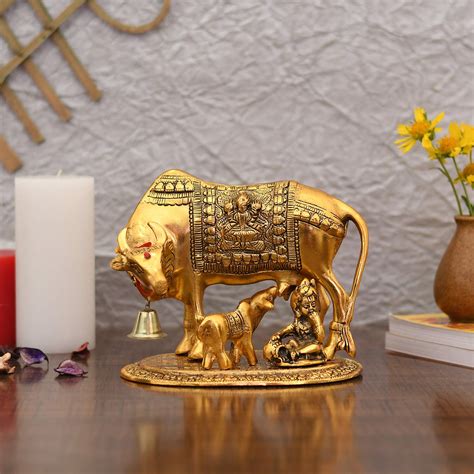 Buy Collectible India Metal Kamdhenu Cow with Calf Showpiece, 7.5 x 7 x ...