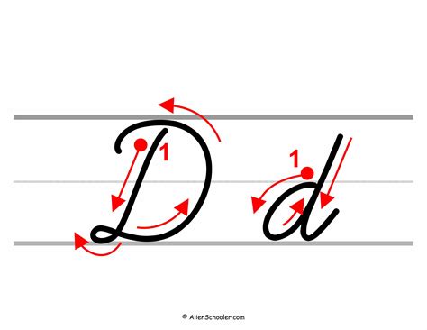 How To Write Cursive D (With Arrows) - Free Printable PDF - Alien Schooler