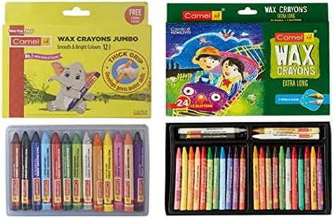 Camel Wax Crayons + 1 Glitter Shade Free - 12 Shades Kokuyo Extra Long ...