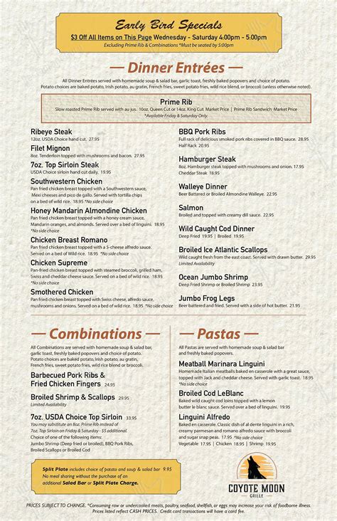 Menu at Coyote Moon Grille restaurant, St. Cloud