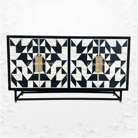 Bone Inlay Geometric 4 Door Sideboard Black – Luxury Handicrafts