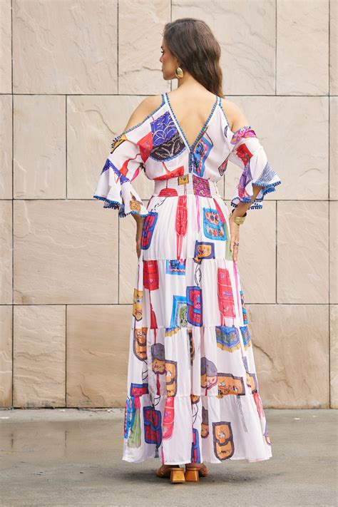 White Printed Cold Shoulder Maxi Dress