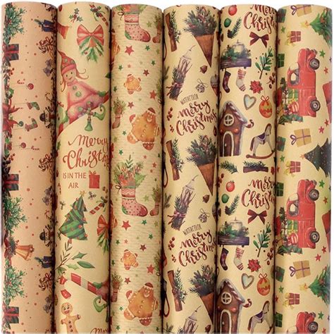 70x50cm Christmas Wrapping Paper Kraft Sheets and Rolls With 6 Designs ...