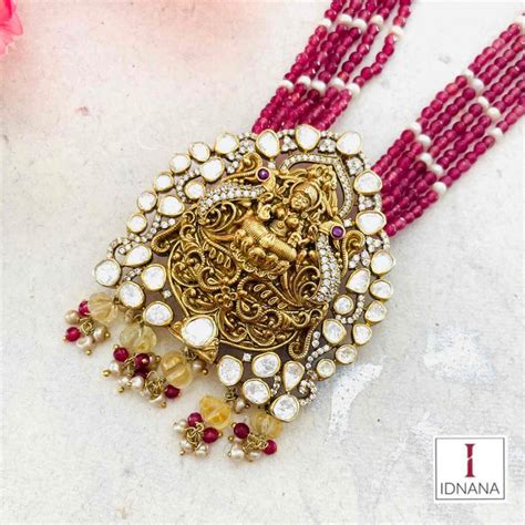 GOLD PLATED MAA LAKSHMI MOISSANITE CZ NECKLACE SET BEADED WITH RUBY AN ...