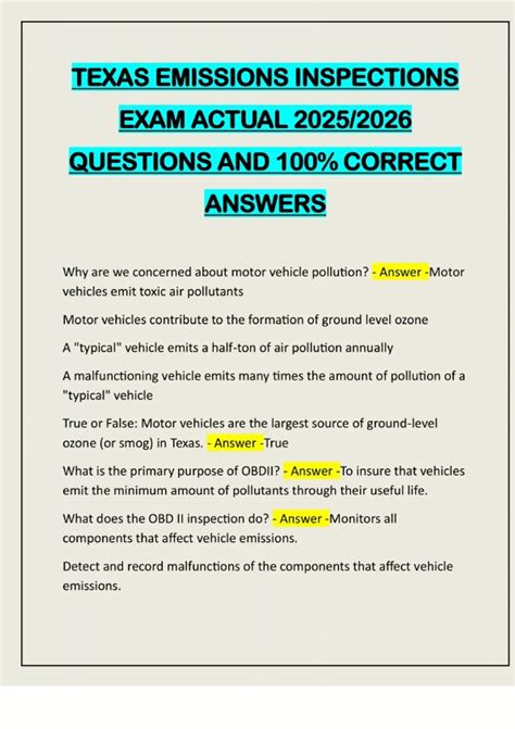 TEXAS EMISSIONS INSPECTIONS EXAM ACTUAL 2025/2026 QUESTIONS AND 100% ...