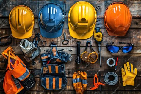 Premium Photo | Standard construction safety equipment on old wooden ...