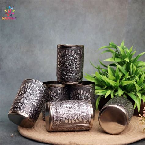 Meenakari Steel Glasses Set of 6 | Oxidized Floral Drinking Glasses