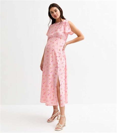 Maternity Pink Floral Print Flutter Sleeve Midi Dress | New Look