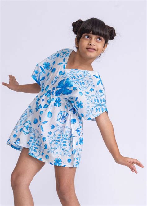 Girls' Cotton Kaftan – Azure Print | Breezy Summer Dress by Tura Turi