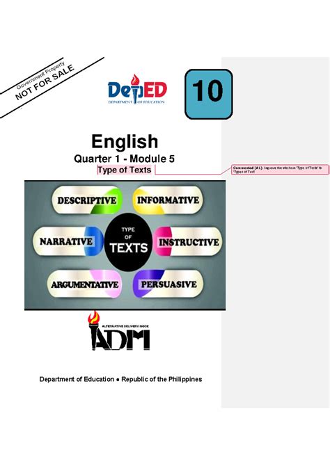 Eng10 Q1 Mod5 Types of Text V3 - NOT English Quarter 1 - Module 5 Type of Texts Department of ...