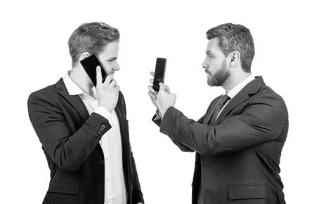 Negotiation disagreement of talking man on smartphone and businessman ...