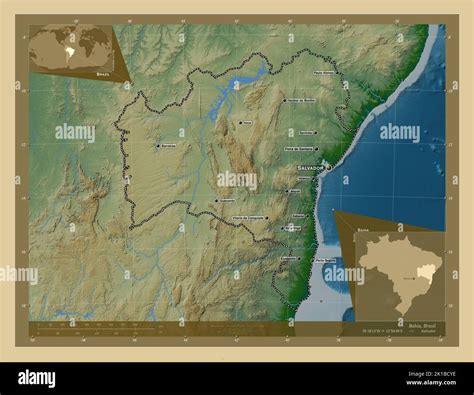 Bahia, state of Brazil. Colored elevation map with lakes and rivers. Locations and names of ...