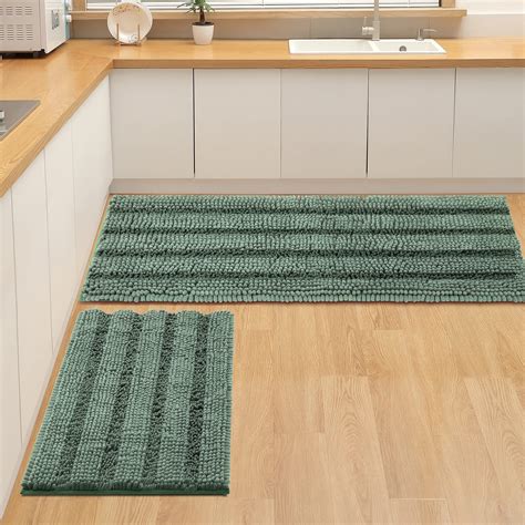 FLOLEOPA Non Slip Thick Shaggy Chenille Sage Green Bathroom Rug Sets 2 ...