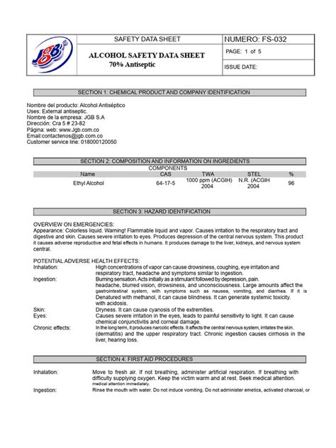 Alcohol Antiseptic (Ethyl) JGB - SDS PDF | PDF | Fires | Occupational ...