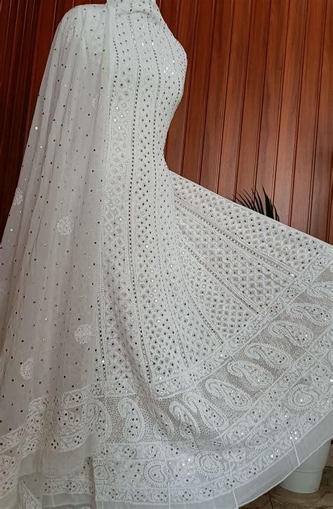 White allover Chikankari and heavy mukaish anarkali with dupatta